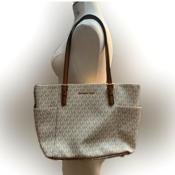 Michael Kors Jet Set Logo Top-Zip Tote Bag Cream & Brown EUC - Picture 2 of 10